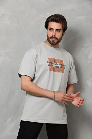 Unisex Bisiklet Yaka Baskılı Oversize Thirt  Gri