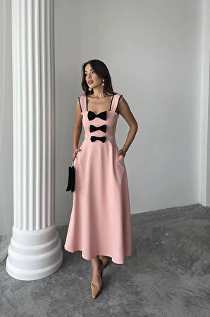 Pudra Fiyonk Garnili Dantelli Elbise