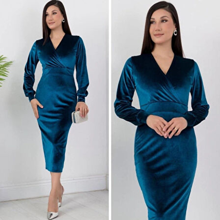 Kadın Kadife Kumaş anşetli V Yaka Şık Kalem Elbise