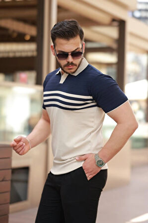 Erkek çizgi Desenli Yakalı Kısa Kollu Tshirt