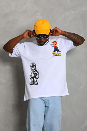 Unisex Oversize Baskılı Bisiklet Yaka Thirt  Beyaz