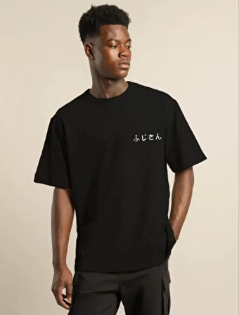 Unisex Bisiklet Yaka Baskılı Oversize Thirt  iyah