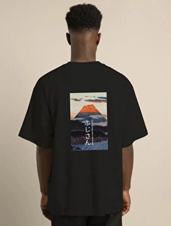 Unisex Bisiklet Yaka Baskılı Oversize Thirt  iyah