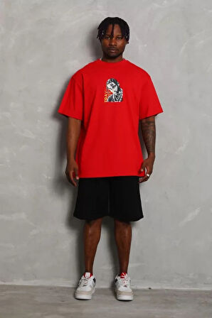 Unisex Oversize Baskılı Bisiklet Yaka Thirt  Kırmızı