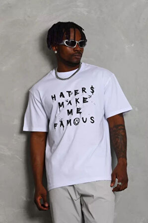 Unisex Oversize Baskılı Bisiklet Yaka Thirt  Beyaz