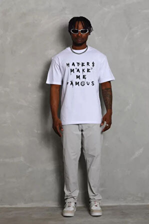 Unisex Oversize Baskılı Bisiklet Yaka Thirt  Beyaz