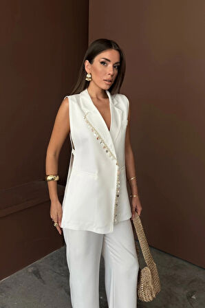 YAKA İDYE KABUĞU IRALI YELEK  PANTOLONTAKI KETEN KUAŞ  Beyaz