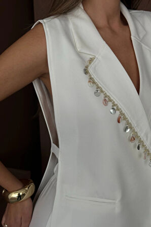 YAKA İDYE KABUĞU IRALI YELEK  PANTOLONTAKI KETEN KUAŞ  Beyaz