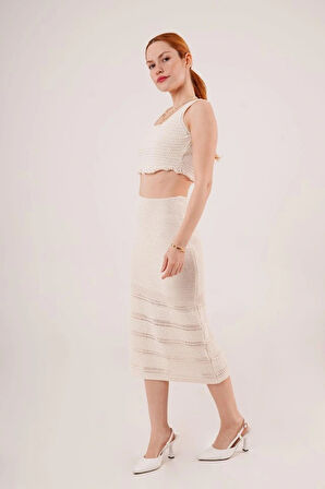 Örme Detaylı Etek Ve Bluz Krem Takım