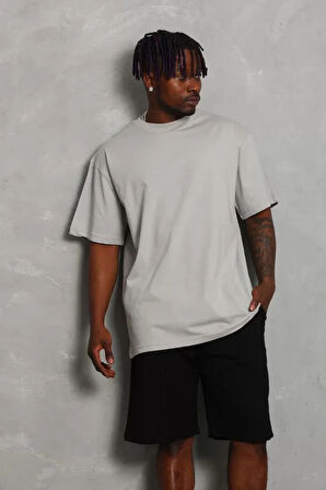 Unisex Oversize Düz Bisiklet Yaka Thirt  Gri