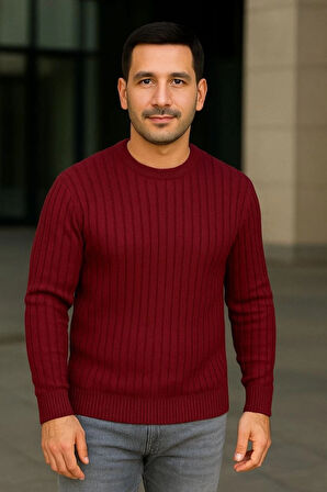 Erkek Bisiklet Yuvarlak Yaka Triko Kazak Pamuklu Kalın Fitilli Dokuma, Regular Fit Uzun Kollu Kışlık odel  Bordo