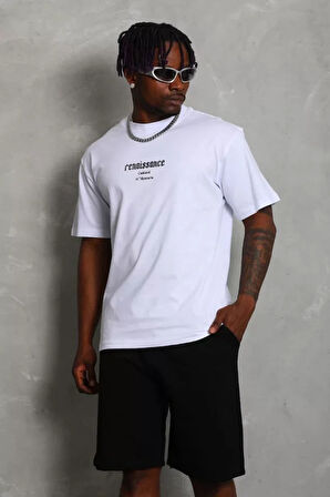 Unisex Oversize Baskılı Bisiklet Yaka Thirt  Beyaz