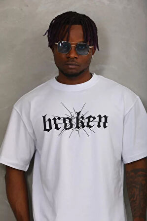 Unisex Oversize Baskılı Bisiklet Yaka Thirt  Beyaz