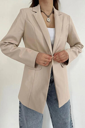 Bej Düğmeli Deri Ceket