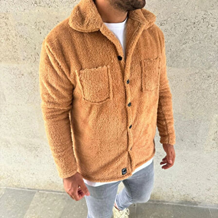 Erkek Pelüş Polar Hırka Gömlek – Yakalı, İlik Düğmeli, Göğüs Cepli, Yumuşak Dokulu Kışlık Regular Fit Rahat Günlük odel  Açık Kahve