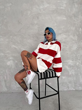 Unisex Üç İplik Parçalı Yakalı weathirt  Kırmızı