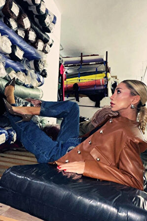 Kahverengi Önü Düğme Kapamalı Deri Ceket