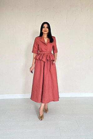 occah İnce Kemerli Fırfırlı Ceket Ve Büzgülü Etek Takım