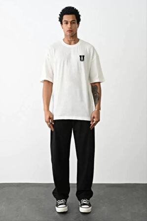 Unisex Bisiklet Yaka Baskılı Oversize Thirt  Beyaz