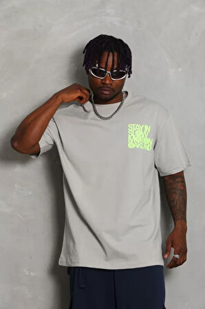 Unisex Oversize Baskılı Bisiklet Yaka Thirt  Gri