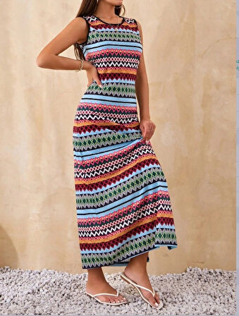 Kadın Bisiklet Yaka Cizgi Desen üprem Elbise