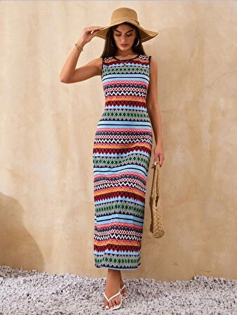 Kadın Bisiklet Yaka Cizgi Desen üprem Elbise