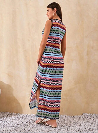 Kadın Bisiklet Yaka Cizgi Desen üprem Elbise