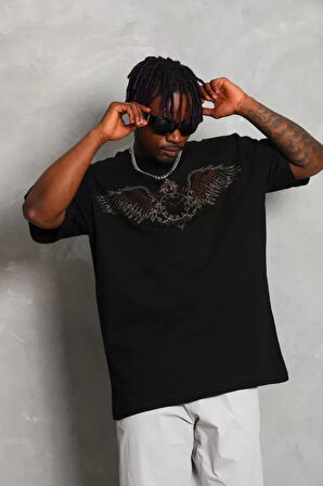 Unisex Oversize Taşlı Bisiklet Yaka Thirt  iyah