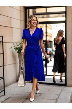 Kadın Kruvaze Yaka Midi Boy Kuşaklı Krep Elbise 120 Cm