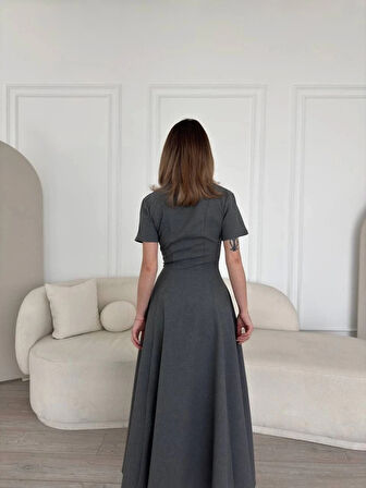 Kısa Kollu Önden Fermuarlı Çan Etekli Uzun Elbise  Antrasit