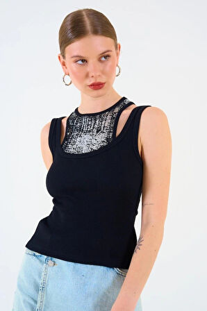 İçi Baskılı Halter Yaka Kaşkorse Atlet  iyah