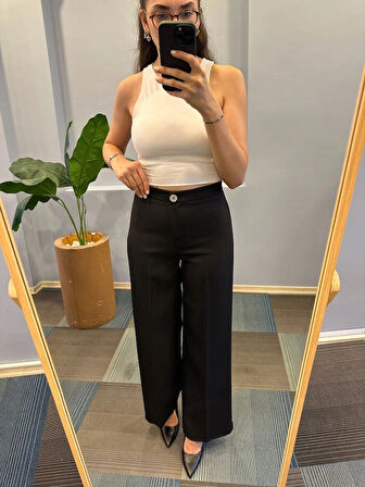 Yüksek Bel Palazzo Metal DüğmePantolon