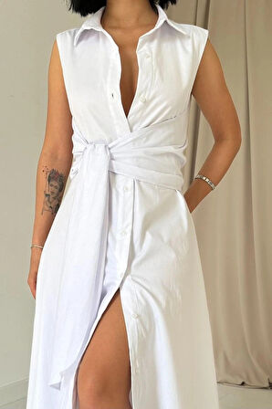 Beyaz Gömlek Yaka Bağlamalı Elbise