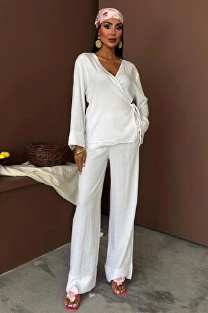 Kruvaze odel Klasik Pantolonlu Çupra Keten Takım 10191