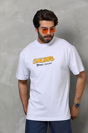 Unisex Bisiklet Yaka Baskılı Oversize Thirt  Beyaz