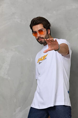 Unisex Bisiklet Yaka Baskılı Oversize Thirt  Beyaz