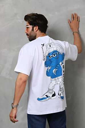 Unisex Bisiklet Yaka Baskılı Oversize Thirt  Beyaz