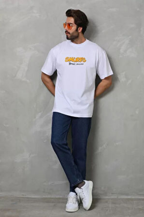 Unisex Bisiklet Yaka Baskılı Oversize Thirt  Beyaz