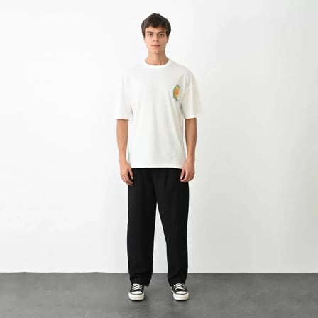Unisex Bisiklet Yaka Baskılı Oversize Thirt  Beyaz