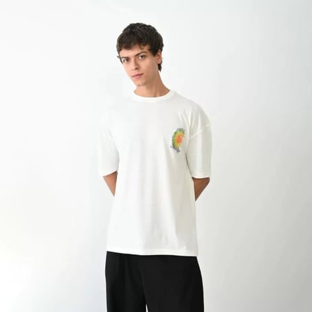 Unisex Bisiklet Yaka Baskılı Oversize Thirt  Beyaz