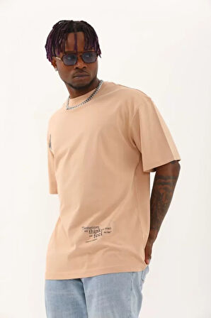 Unisex Oversize Baskılı Bisiklet Yaka Thirt  Bej
