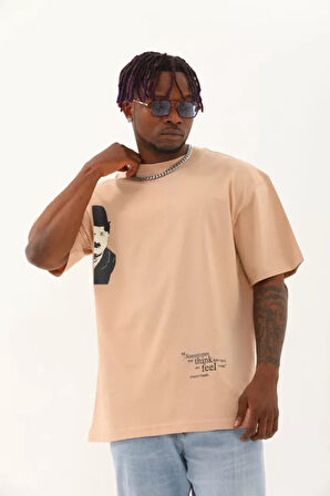 Unisex Oversize Baskılı Bisiklet Yaka Thirt  Bej