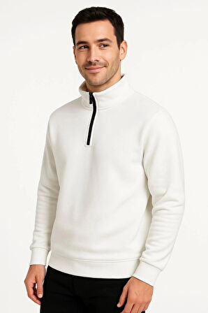 Erkek Dik Yaka weatshirt Dik Yaka Yarım Fermuarlı 3 İplik Şardonlu Pamuk Kumaş  Beyaz