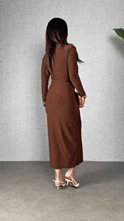 Kadın Balıkçı Yaka Toka Detay Sandy Kumaş idi Boy Elbise