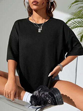 Baskılı Oversize Bisiklet Yaka Tshirt  iyah