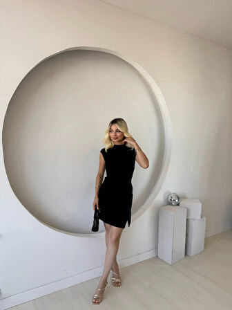 Kadın Kısa Kap Kollu Bisiklet Yaka Belden Bağlamalı odal ini Elbise