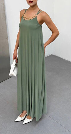 Kadın Omuz Askılı Kuş Gözü Zincir Detay andy Kumaş Maxi Boy Elbise