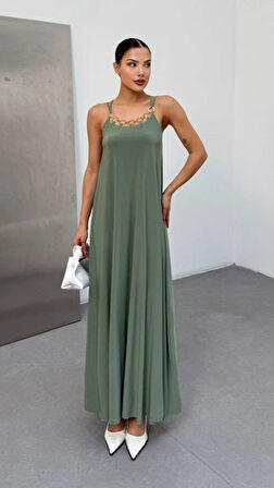 Kadın Omuz Askılı Kuş Gözü Zincir Detay andy Kumaş Maxi Boy Elbise