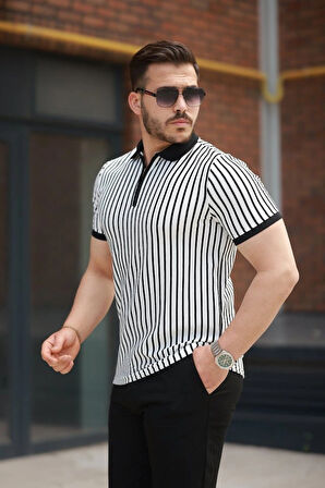 Erkek çizgili Fermuar Yakalı Kısa Kollu Tişört