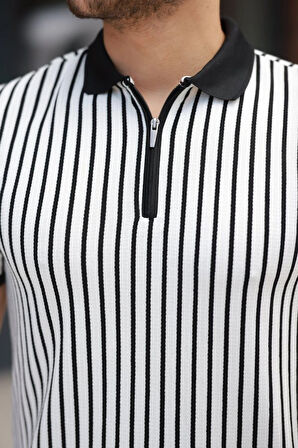 Erkek çizgili Fermuar Yakalı Kısa Kollu Tişört